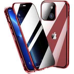 Anti-PeepingCase Compatible with iPhone 14 Case with Lock, 360° Full Body Privacy Screen Protector Camera Lens Protector Clear Tempered Glass [Magnetic Adsorption] Metal Bumper Cover (Red)