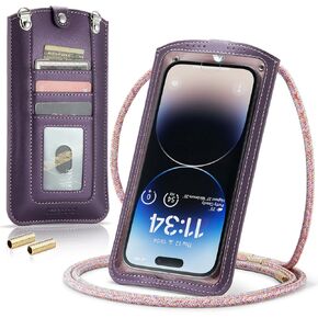 Small Crossbody Bag Cell Phone Purse for Women Men Leather Mini Shoulder Bag Wallet Case with Card Holder Slot Necklace Lanyard for All Smartphones iPhone Samsung Google Moto up to 7.3" Puple