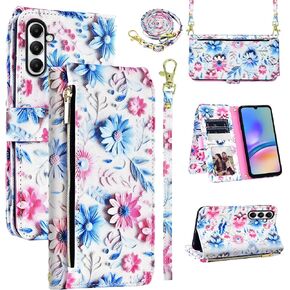 Wallet Case for Samsung Galaxy A35 5G with Detachable Wrist Strap Shoulder Strap, 9+ Card Slots Zipper Floral PU Leather Stand Card Holder Cell Phone Cover for A 35 35A A355G Women Men Pink