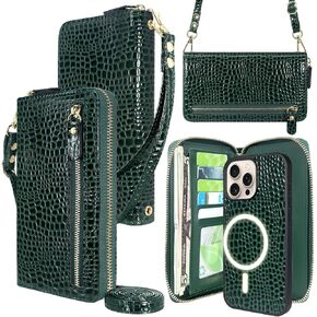 Harryshell Detachable Crossbody for iPhone 16 Pro Max Case Wallet Compatible with MagSafe Wireless Charging 5 Card Slots Cash Coin Dual Layer Zippers Pocket Shoulder Wrist Strap (Crocodile Teal)