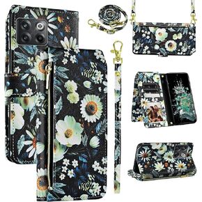 Wallet Case for OnePlus 10T 5G/One Plus Ace Pro with Wrist Strap Shoulder Strap, Zipper Floral PU Leather Stand Card Holder Cell Phone Cover for On 1Plus 1 + Plus10T 1+ AcePro Women Men Black