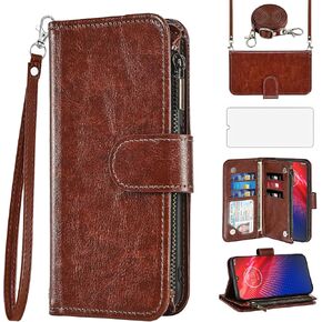 Asuwish Phone Case for Moto Z4/Moto Z 4 Play/MotoZ4 Force Wallet Cell Cover with Screen Protector Crossbody Strap Zipper Card Holder Motorola 4Z Motoz4cases MotoZ4Play XT1980-4 2019 Women Girls Brown