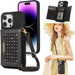 CCSmall for iPhone 14 Pro Max Crossbody Wallet Case for Women, Bling Glitter PU Leather Phone Case with RFID Blocking Card Holder Cover for iPhone 14 Pro Max SZ Black