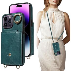 Crossbody Wallet Case for iPhone 15 Pro Max with Card Holder, Leather Case with Long Shoulder Strap, Purse Shockproof Flip Cover for iPhone 15 Pro Max (Green)