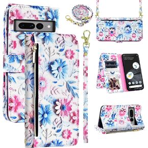 Wallet Case for Google Pixel 7 Pro 5G with Detachable Wrist Strap Shoulder Strap, 9+ Card Slots Zipper Floral Leather Stand Phone Cover for Pixel7Pro Pixel7 XL Seven 7Pro 6.7 Women Men Pink