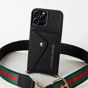 Alexander Michael for iPhone 13 Pro - Gigi Phone Case Wallet and Crossbody with Tri-Color Strap in Premium Leather, Fold Out Wallet (Black, iPhone 13 Pro)