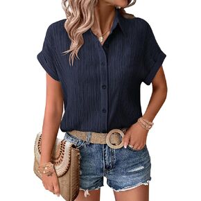 Zeagoo Womens Button Down Shirts Casual Short Sleeve Dress Shirt Textured Collared Summer Work Blouse