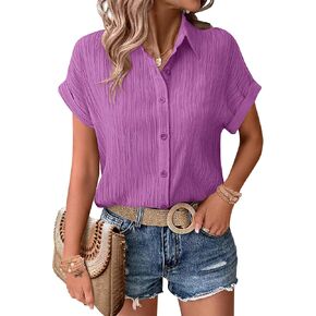 Zeagoo Womens Button Down Shirts Casual Short Sleeve Dress Shirt Textured Collared Summer Work Blouse in Kuwait
