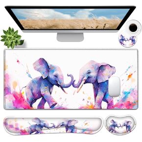 JVGFYNKL Large Gaming Mouse Pad Set, Ergonomic Memory Foam Keyboard Wrist Rest Support + Mouse Wrist Rest + Extended Desk Mat with Non-Slip Rubber Base, Painted Cute Elephant Pattern Black Desk Pad