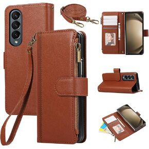 Asuwish Phone Case for Samsung Galaxy Z Fold 3 5G 2021 Zipper Wallet Cell Cover with Crossbody Strap Card Holder Stand ZFold3 Z3 Fold3 3Z ZFold35G Women Men Girls Black
