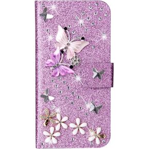 Losin Compatible with iPhone 16 Wallet Case with Card Slots Luxury 3D Bling Glitter Diamond Rhinestones Butterfly Flowers Design for Women Girls Sparkle Shiny PU Leather Stand Kickstand Cover