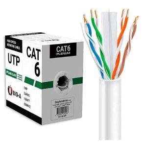 Big-A - Cat6 Plenum Cable 1000ft, Cat 6 Ethernet Cable (CMP) 10 Gigabit Solid Network Cable, 550MHz Cat 6 Ethernet Cord, Unshielded Twisted Pair (UTP) - Green