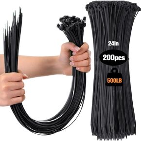 200 Pcs Long Zip Ties Heavy Duty 24 Inch 500 Lbs Tensile Strength with Double Sided Toothed Durable Cable Ties, Extra Large Black Wire Ties Adjustable Nylon Wraps for Indoor Outdoor
