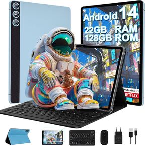 Android 14 Tablet, 2024 Tablet with 10 Inch IPS Incell Screen, 22GB+128GB (1TB Expand), 8000mAh Octa-Core Tablet with Keyboard, Mouse, Case, GPS, BT5.0, Support Widevine L1, Split Screen -Metal Blue