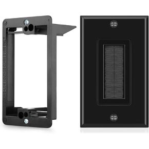 TNP Brush Wall Plate with Mounting Bracket Kit Single Gang Cable Entry Access Brush Bristles Style Strap Opening Port Insert Socket Wiring Plug Jack Decorative Face Cover Outlet Mount Panel (Black)