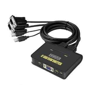 2 Port USB VGA KVM Switch, 2 in 1 Out Dual Port VGA Monitor Switcher Share for 2 Computer PC Laptop Notebook Sharing 1 Video Monitor, No Power Adapter, HotKey Switching