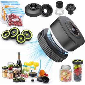 Vacuum Sealer Kit for Mason Jar, Auto Stop Electric Food Vacuum Sealer with Reusable Wide & Regular-Mouth Lids + Sealer Bags + Wine Stopper, Cordless Vacuum Sealer for Jars Wine Bottle Bags - Black
