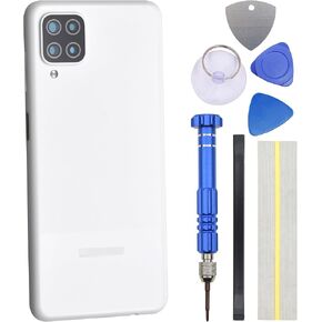 White Back Panel Cover Replacement for Samsung Galaxy A12 with Pre-Cut Adhesive Rear Camera's Frame and Glass Cover and Installation Tool Kit