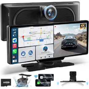 10.26" Wireless Carplay Screen for Car with 4K Dash Cam & 1080P Backup Camera, Portable Car Audio Receivers with Carplay & Android Auto, GPS Navigation, Airplay, Mirror Link