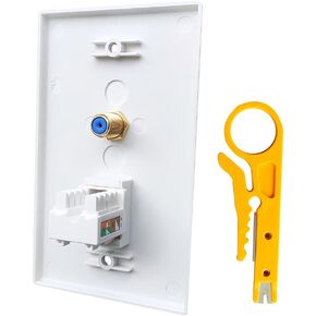 90 Degree CAT6 Ethernet Coax Wall Plate Punch Down with Tool - RJ45 Coaxial Punchdown Cover Plate for Network and Coax Cable - White