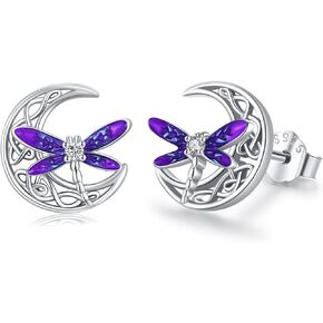 Twoowl Abalone Dragonfly Stud Earrings 925 Sterling Silver Celtic Moon Earrings Irish Celtic Jewelry Gifts for Women Girls