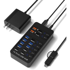 Powered USB Hub, Arector 14 Ports USB 3.0 Splitter Hub with 4 Smart Charging Ports, 10 USB A Ports, Individual On/Off Switches, 12V-24V Power Adapter, USB 3.0 5Gbps High Speed Transfer, USB