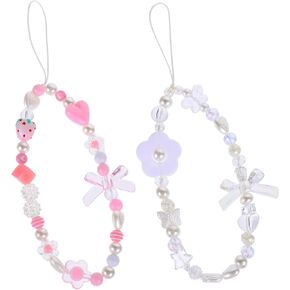 2 Pcs Phone Charms Strap Beaded Phone Strap Pink Cute Phone Charms Aesthetic Love Phone Lanyard Phone Strap Aesthetic Cell Phone Keychain Pearl Beaded Phone Lanyard Jewelry