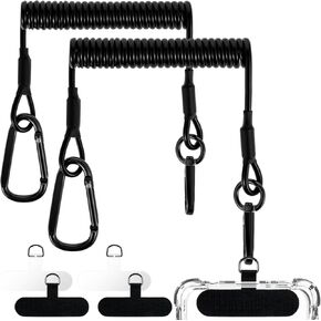 2PCS Retractable Phone Tether, Anti Theft Phone Strap with Carabiner Anti-Drop Spring Phone Lanyard with 4 Patch for Outdoor Hiking Cycling Climbing Skiing