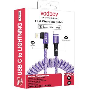 Lightning to USB C Cable 2ft to 8ft Right Angle Coiled iPhone Charger Fast Charging Cable Purple