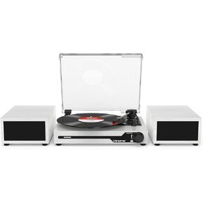 Vinyl Record Player with External Speakers BT 5.3 Wireless Turntable Portable with 3 Speed USB Vintage White Wooden