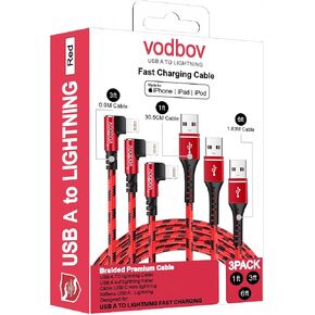 iPhone Charger 3Pack Lightning Right Angle Cord 1ft 3ft 6ft MFi Certified Cable Braided USB Charging High Speed Transfer with iPhone Red