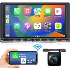 Upgrade 7 Inch Double Din Car Stereo for Wireless Carplay&Android Auto with Voice Control,Car Radio with HD Touch Screen Bluetooth5.2, AM/FM/Mirror Link/Backup Camera/SWC/AUX/MIC