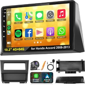 Android Car Radio for Honda Accord 2008-2013, Build in Wireless/Wire Carplay & Android Auto Support Bluetooth5.2, Back-up Camera,FM Stereo,SWC,10.2 Inch IPS Touch Screen 4GB+64GB