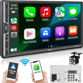 استريو مزدوج سيارة Din Din مع Carplay Apple اللاسلكي و Android Auto ، Bluetooth 5.3 تشغيل السيارة ، MirrorLink ، 7 "HD شاشة اللمس ، الكاميرا الاحتياط