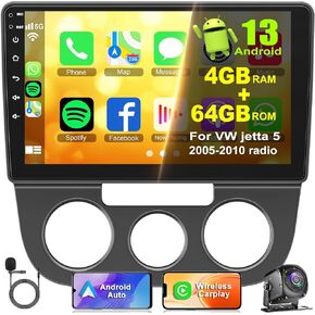 Android 13 Car Radio for Volkswagen Jetta 5 2005-2010 Head Unit, 10" IPS Screen, 4+64GB Wireless CarPlay & Android Auto Car Stereo, GPS Bluetooth 5.2 DSP FM Radio Back-up Camera Voice Control WiFi