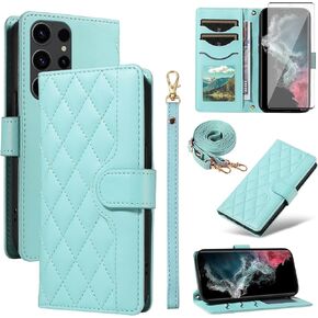 Asuwish Phone Case for Samsung Galaxy S22 Ultra 5G Wallet Cover with Screen Protector and Wrist Strap Lanyard Card Holder Slot Stand Accessories S22ultra 22S S 22 S22ultra5g G5 6.8 Women Men Green