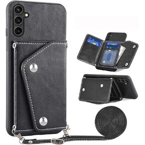 Asuwish Phone Case for Samsung Galaxy S23 FE 5G Wallet Cover with Tempered Glass Screen Protector Credit Card Holder Crossbody Strap Stand Leather Cell Accessories S 23 EF S23FE 23S Women Men Black