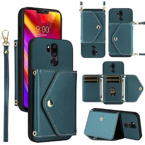 Wallet Case for LG G7 ThinQ with Wrist Lanyard Shoulder Strap, Credit Card Holder Stand Cell Phone Cover for LGG7 One G 7 Plus LG7 Fit LG7ThinQ 7G Thin Q G7+ G7thinq LGG7thinq Women Men Green