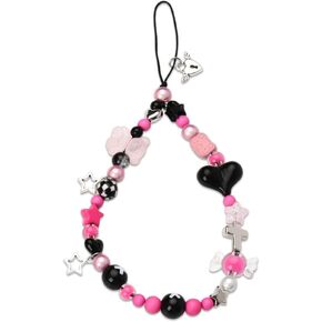 Cute Y2k Phone Charm Strap Pink Purple Wristlet Lanyard for Women Aesthetic Candy Color Acrylic Beads Cross Phone Chain Straps with Black Heart Phone Charms Fashion Wrist Straps for Phones Keys Camera