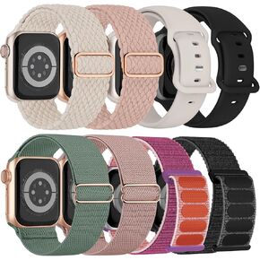8 Pack Compatible with Apple Watch Bands 41mm 40mm 38mm, Braided Straps + Silicone Bands + Sport Loop + Stretchy Nylon Solo Loop for iWatch Series SE 9 8 7 6 5 4 3 2 1, Multi-Style for Women