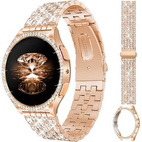 JR.DM Diamond Bands with Bling Case Women ONLY Compatible with Samsung Galaxy Watch 7/6 40mm 44mm, 20mm watch band with Protective Cover Bumper Silver Gold Luxury Metal Bracelet Replacement Strap
