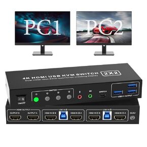 Dual Monitor KVM Switch HDMI 2 Port 4K60Hz EDID Emulator, KVM Switcher for 2 Computers 2 Monitors with Audio Output and 3 USB 3.0 Ports, Dual Monitor Support Cross Display, Copy and Extended Display