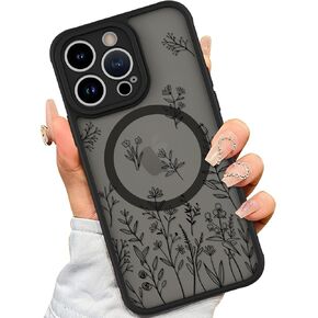AIGOMARA Magnetic Case for iPhone 14 Pro [Compatible with MagSafe] Cute Black Flower Floral Case for Women Girls Soft TPU Bumper Hard PC Back Anti-Fall Shockproof Protective Slim Cover