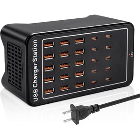 USB~C Charger Block, 125W(25A) 25 Port (15 USB A & 10 USB~C Port) Home USB Charging Station for Multiple Devices, Portable Desktop USB Wall Charger Suitable for Office School Shop Hotel Travel