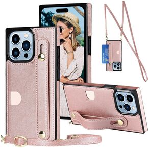 for Apple iPhone 15 Pro Max Crossbody Wrist Strap Wallet Case with Card Slot for Women Girl, Removable Adjustable Shoulder Lanyard PU Leather Cover Case for iPhone 15 Pro Max XK-Rose Gold