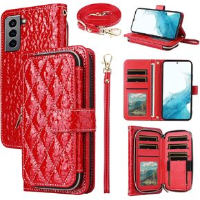 Argyle Wallet Case for Samsung Galaxy S21 FE 5G with Crossbody/Wrist Strap Luxury PU Leather Stand Zipper Purse Shockproof Cell Phone Cover for S 21 EF S21FE5G UW S21FE 21S G5 6.4 inch Red