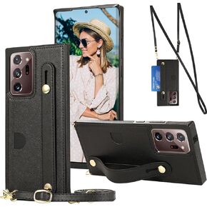 for Samsung Galaxy Note 20 Ultra Crossbody Wrist Strap Wallet Case with Card Slot for Women Girl, Removable Adjustable Shoulder Lanyard Cover Case for Samsung Galaxy Note20 Ultra XK-Black