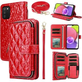 Argyle Wallet Case for Samsung Galaxy A03s US Version 5G 2022 with Crossbody/Wrist Strap Luxury PU Leather Stand Zipper Purse Shockproof Cell Phone Cover for Ao3s A 03s SM-A037U SM A037U Red