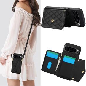 for Google Pixel 9/9 Pro Crossbody Wallet Case for Women, PU Leather Card Slot Phone Case with Cash Pocket Kickstand Purse Lanyard Case Cover for Google Pixel 9.Pocket Black