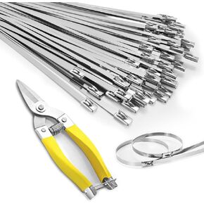Heavy Duty Metal Zip Ties Kit (With Tie Cutter) Corrosion Resistance Stainless Steel Zip Ties, 11.8 Inch 50 Pieces, for Machinery, Vehicles, Exhaust Wrap, Farms, Pipes, Cables, and Outdoor Fence